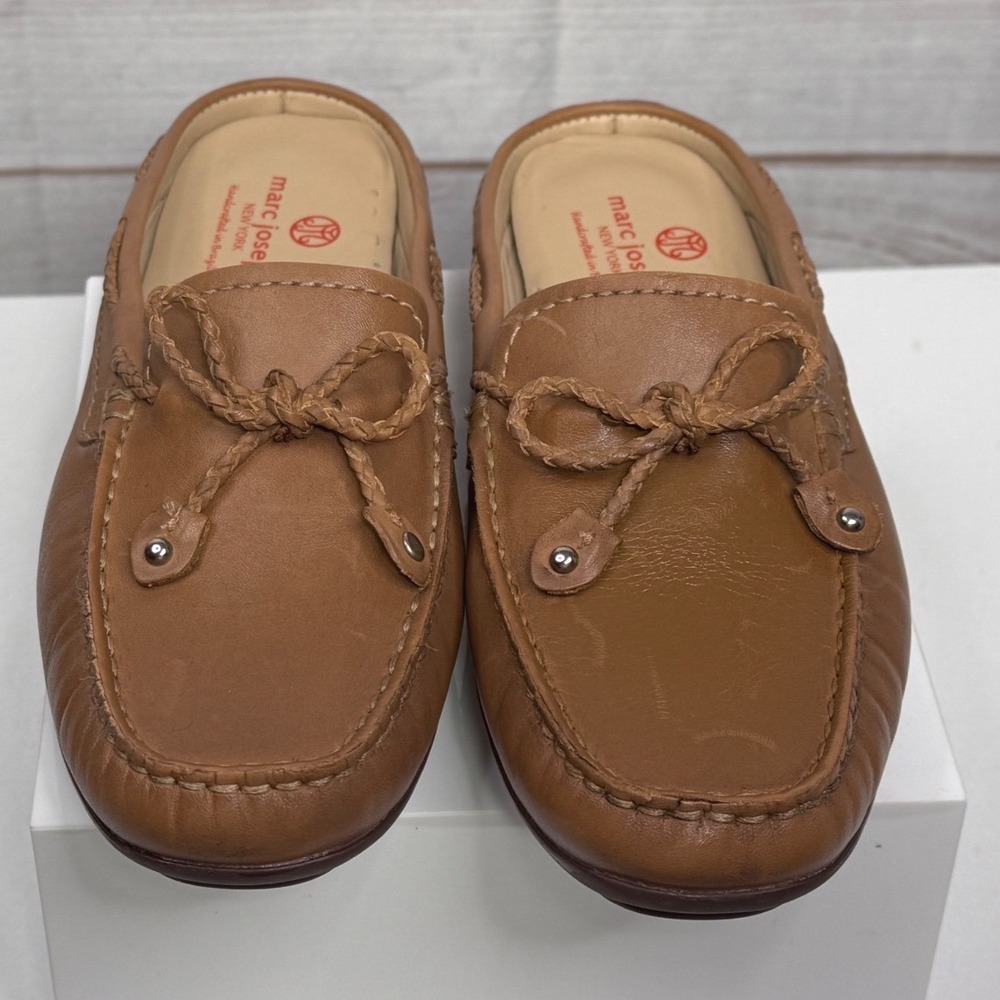 Marc Joseph New York Pacific Mule Tan Leather Braided Bow Loafer Slides Size 7